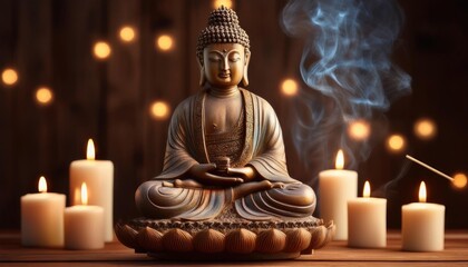 Fototapeta premium Serene Buddha Statue Surrounded By Candles And Incense In A Calm Setting 
