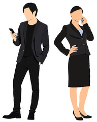 Women and men look into the smartphone. People stand full body. Flat style cartoon vector illustration.