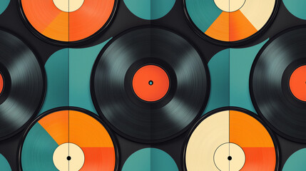 vinyl record design featuring peacock blue and mandarin orange hues, perfect for evoking nostalgia. Ideal for music lovers, 