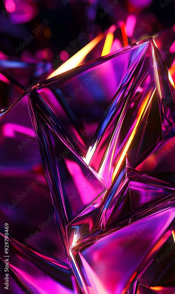 Poster 24. dynamic abstract 3d design with geometric prisms and neon highlights, set against a pristine bac