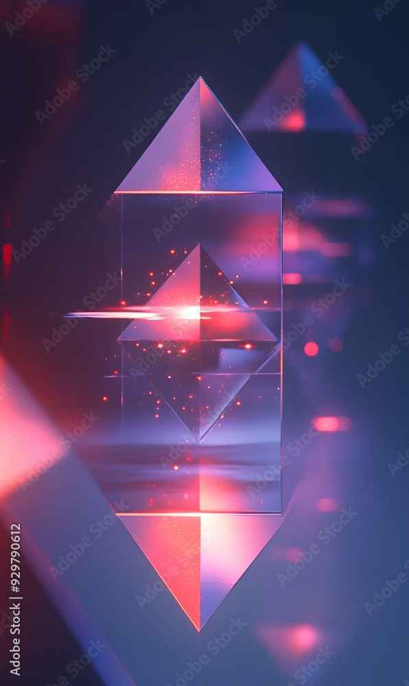 Poster 24. dynamic abstract 3d design with geometric prisms and neon highlights, set against a pristine bac