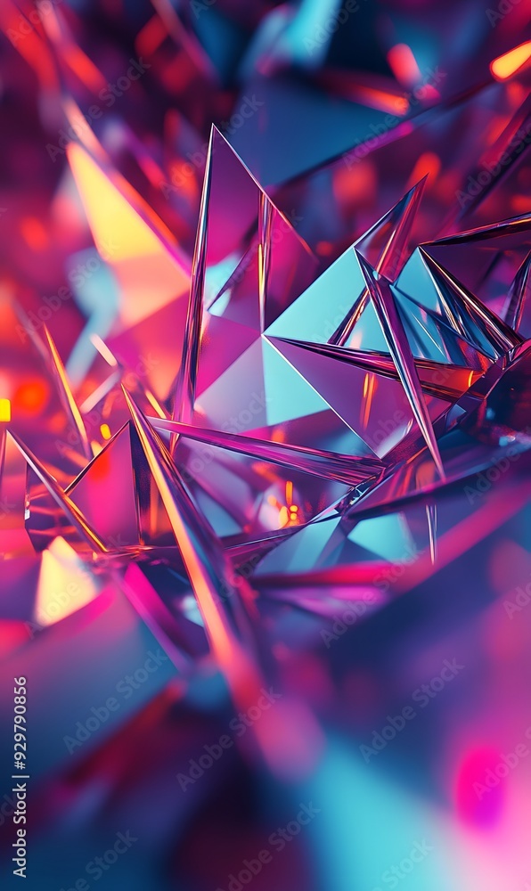 Poster 24. dynamic abstract 3d design with geometric prisms and neon highlights, set against a pristine bac