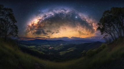 Naklejka premium Milky Way Arching Over Mountain Range at Night