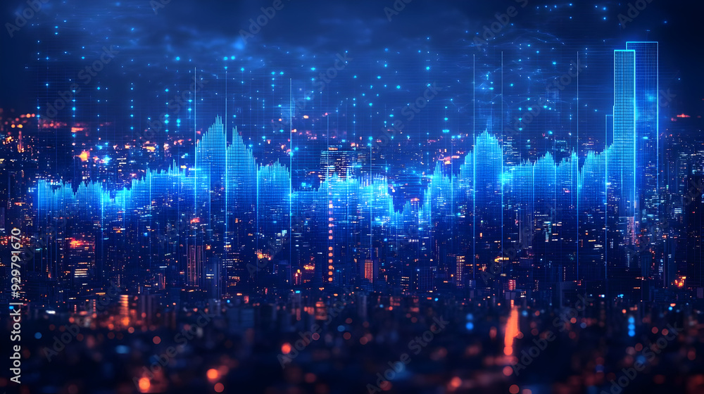 Poster a digital cityscape with data visualization elements.