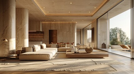 Luxury living room in neutral tones, minimal ornaments, with natural window lighting, ideal for property advertising.