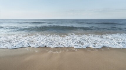 Front view of a tranquil beach where the waves softly caress the shore, creating an atmosphere of serenity and comfort, perfect for anyone looking for refuge by the ocean.