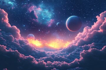 Space cosmic illustration with planets scene created with Generative AI