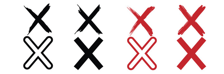 Obraz premium Red, black cross sign icon in brush set. Wrong mark icon in brush. Red and black grunge X icon. X red and black brush icon. stock vector. 