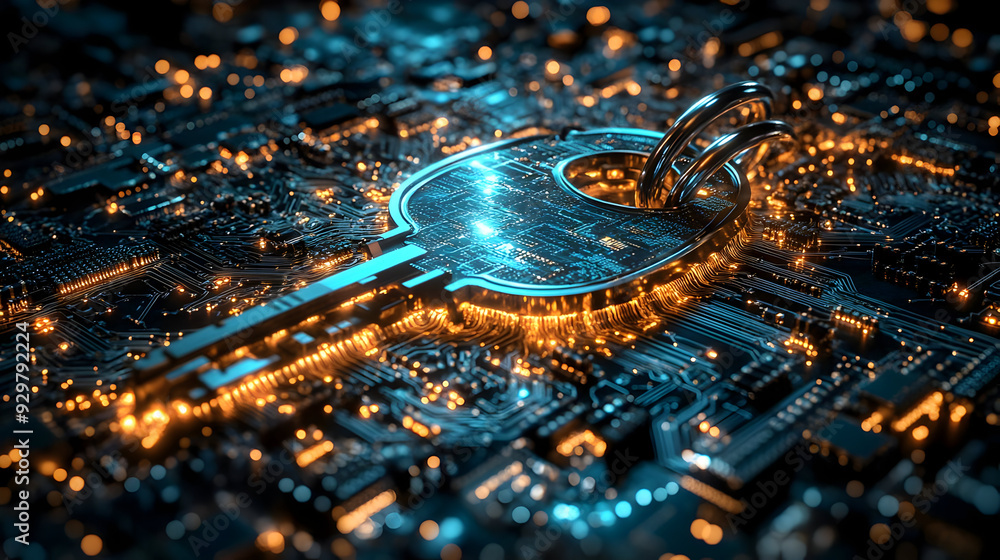 Poster a digital key symbolizing cybersecurity on a circuit board.