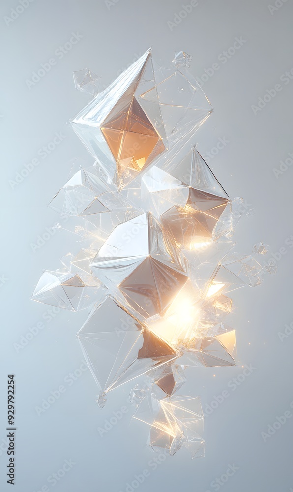 Poster 27. abstract 3d geometric design with floating prisms and luminous accents, set against a pristine w