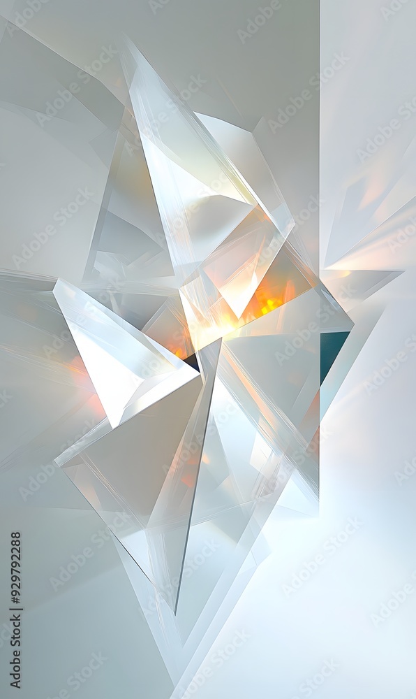 Poster 27. abstract 3d geometric design with floating prisms and luminous accents, set against a pristine w