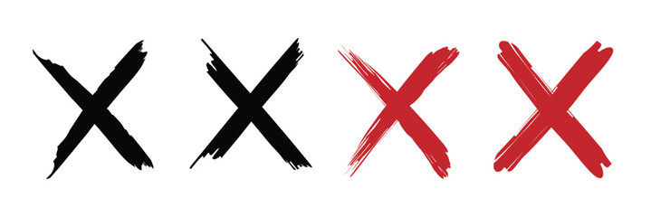 Red, black cross sign icon in brush set. Wrong mark icon in brush. Red and black grunge X icon.  X red and black brush icon. stock vector.
