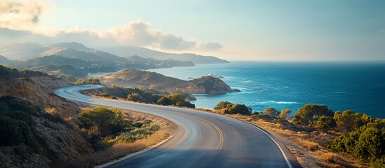 Scenic coastal road winding along the ocean with hills in the background.