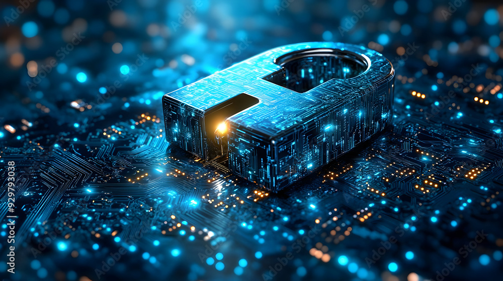 Poster a digital padlock symbolizing cybersecurity and data protection.