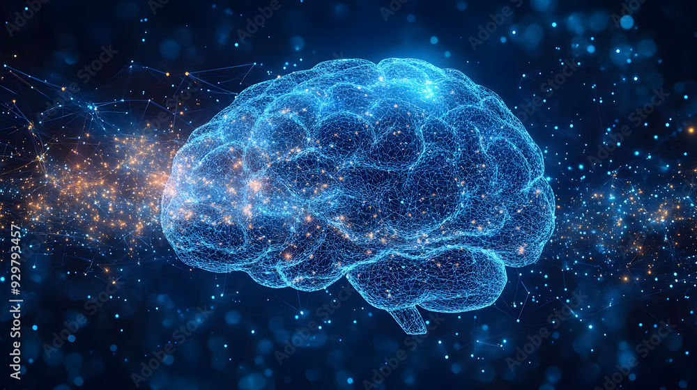 Poster a digital representation of a brain with glowing connections.