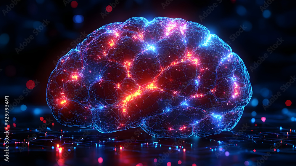 Poster a digital representation of a brain with glowing neural connections.
