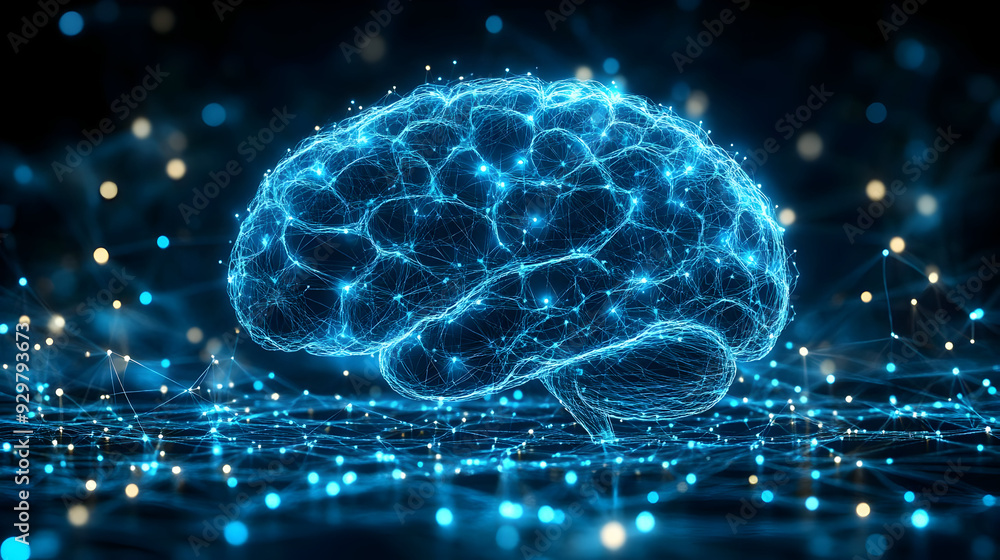 Poster a digital representation of a brain with interconnected neural networks.