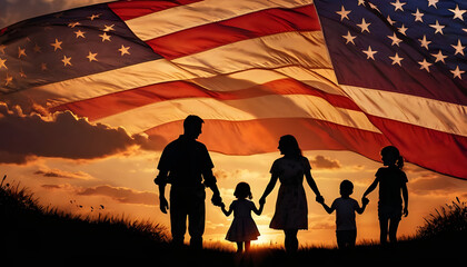 Silhouette of a person against American waving flag people Celebrating together 4th of July