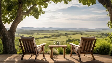 Serene outdoor seating area overlooking a lush landscape with mountains in the distance.