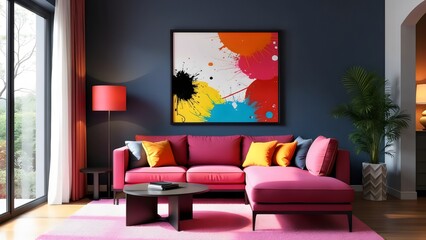 Minimalist interior design with pink sofa, floral cushions and abstract wall art | modern room decor, generative AI