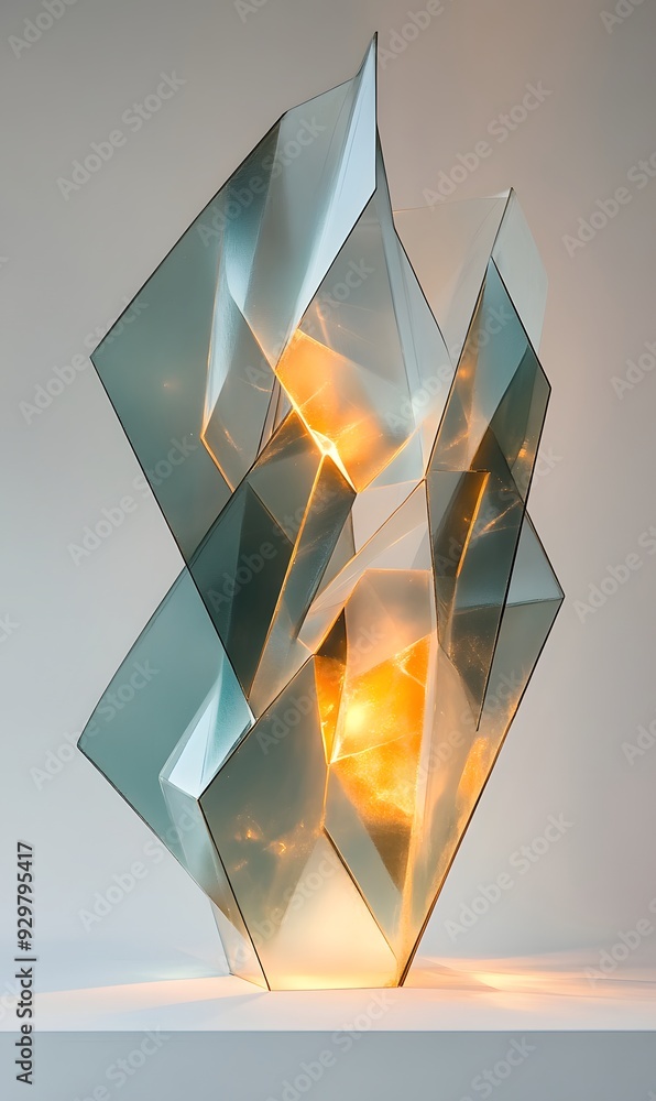 Aufkleber 3. complex angular forms creating a dynamic 3d structure with a glowing aura, set against a minimali