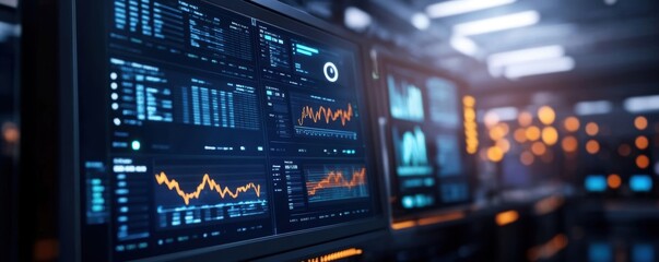 An aerospace manufacturing plant bustling with activity, with economic charts prominently displayed on digital screens