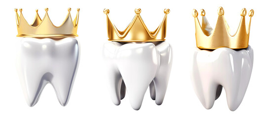 Collection of teeth with golden crown 3D design set on transparent background. Generative ai design concept.