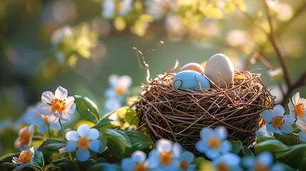 Fototapeta premium A bird's nest filled with colorful eggs rests amidst a field of blooming white flowers.
