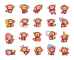 Adorable kawaii monkey. Funny cartoon jungle character. Hand drawn style. Vector drawing. Collection of design elements.