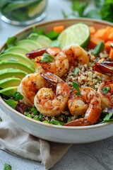 Healthy Quinoa Salad with Grilled Shrimp, Avocado, and Fresh Vegetables in a Bowl on a Light Background