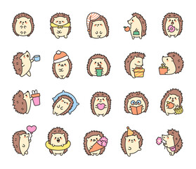 Adorable kawaii hedgehog. Funny cartoon forest character. Hand drawn style. Vector drawing. Collection of design elements.