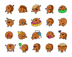 Cute kawaii walnut. Lucky cartoon character. Hand drawn style. Vector drawing. Collection of design elements.
