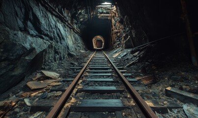 Naklejka premium Abandoned Mine Exploration: Rusty Trolley Tracks Winding Through Dark Tunnels. Industrial Heritage Captured in Haunting Detail. Perfect for Urban Exploration Themes, Historical Documentaries, and Atmo
