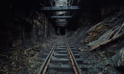 Naklejka premium Abandoned Mine Exploration: Rusty Trolley Tracks Winding Through Dark Tunnels. Industrial Heritage Captured in Haunting Detail. Perfect for Urban Exploration Themes, Historical Documentaries, and Atmo