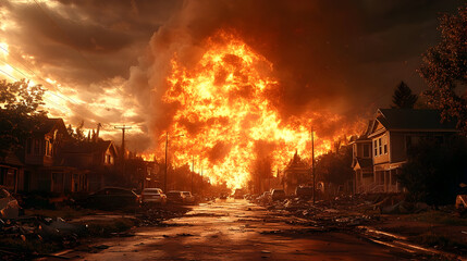 A dramatic explosion dominates a devastated urban landscape.