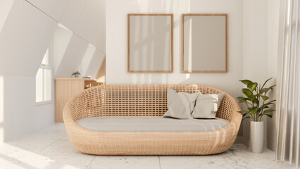 The interior design of a contemporary Scandinavian lounge or living room features a wicker sofa.