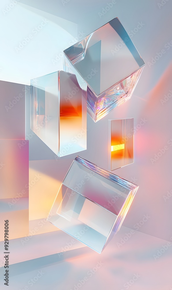 Poster 8. abstract futuristic 3d wall art with floating geometric prisms and subtle gradients, isolated on 