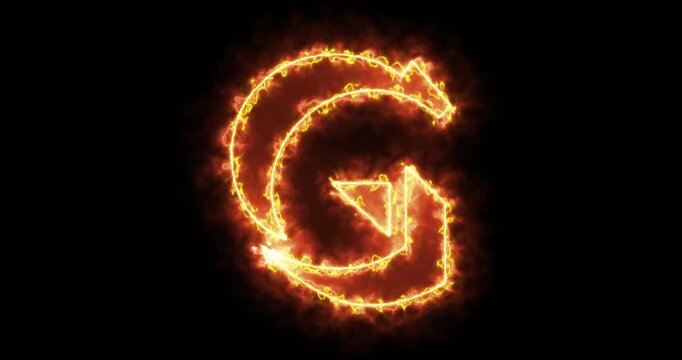 4K fire G alphabet on black background. G alphabet fire moving outline for an online shop, blog, web, cafe, and hotel on a black BG.Technology video material animation. Easy to use in any video.