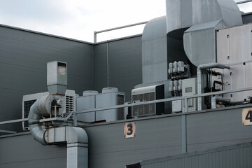 Tin pipes and air conditioners for ventilation of a large hypermarket.