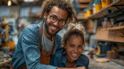 couple in shop Couple working together on a DIY project building