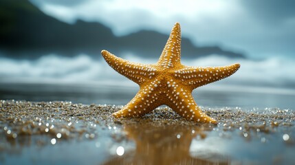 A vibrant orange starfish resting on a sandy beach, with gentle waves and a blurred coastal background, evoking a serene ocean atmosphere.