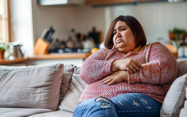 Obraz premium A woman sits on a sofa in casual clothes, exuding sadness and deep contemplation, showing an emotional, reflective moment within a cozy home setting, contemplating personal issues.