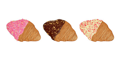 flat croissants with various flavoured topping sauces and sprinkles isolated on transparent background. 3d illustration.