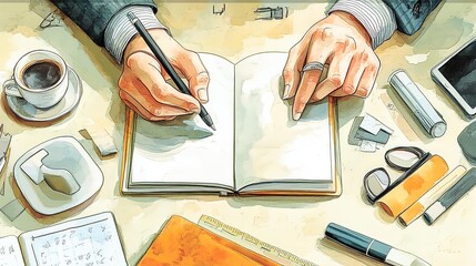 Hands immersed in writing, accompanied by a coffee cup, notebook, and various office tools, conveying a sense of focus and hard work, designed by a professional with over 15 years of industry