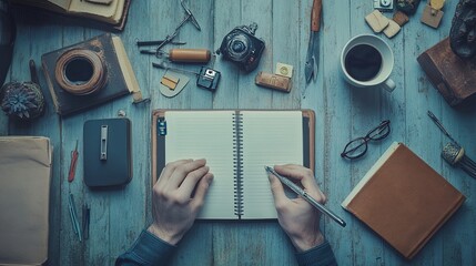 Hands immersed in writing, accompanied by a coffee cup, notebook, and various office tools, conveying a sense of focus and hard work, designed by a professional with over 15 years of industry