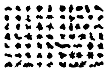 Random shapes. Organic black blobs of irregular shape. Abstract blotch, inkblot and pebble silhouettes, simple liquid amorphous splodge elements water forms creative minimal bubble stone vector set