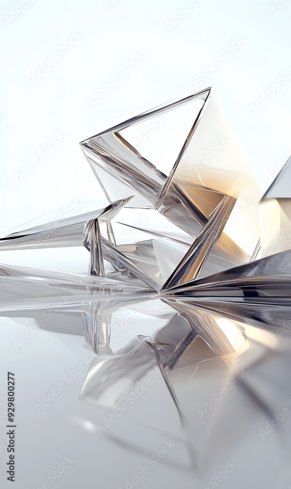 Poster 13. an elegant 3d composition of geometric structures with reflective surfaces, set against a simple