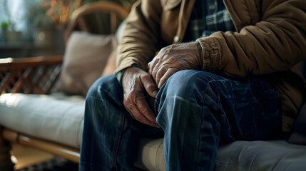 Man suffering from knee pain sitting sofa
