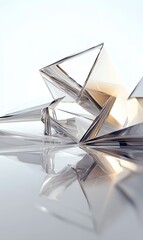 13. An elegant 3D composition of geometric structures with reflective surfaces, set against a simple white backdrop