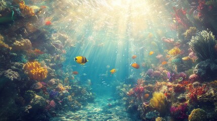 Naklejka premium Sunbeams Illuminate a Vibrant Coral Reef with Colorful Fish